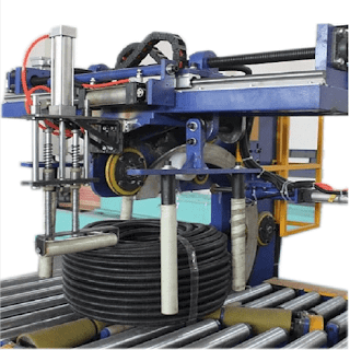 Horizontal hose coil wrapping machine