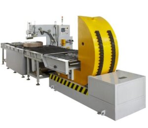 inline coil wrapping machine with coil upender and tilter