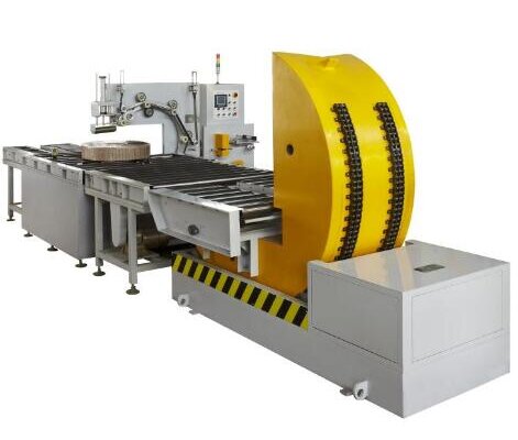inline coil wrapping machine with coil upender and tilter