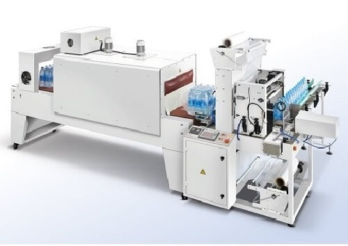 Fully automatic bottled water aligning, bundling and shrink wrapping machine